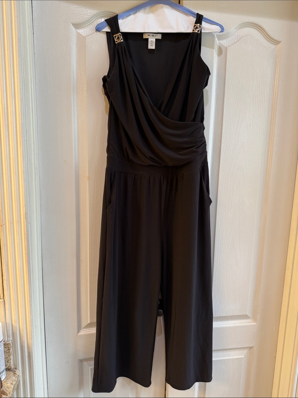 White House Black Market Black Draped Sleeveless Jumpsuit with Gold Strap Detail